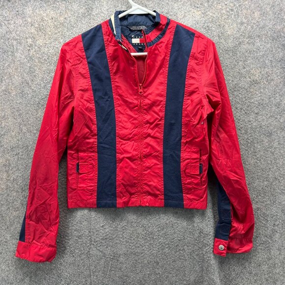 Vintage Tommy Hilfiger Jacket Women Small Red Navy Striped Retro Windbreaker 90s - Picture 1 of 11